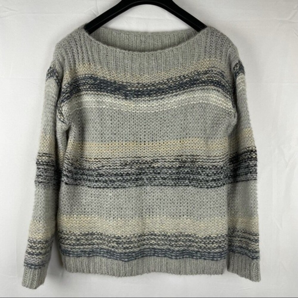Anthropologie Numph gray beige metallic strip sweater M wool mohair blend
